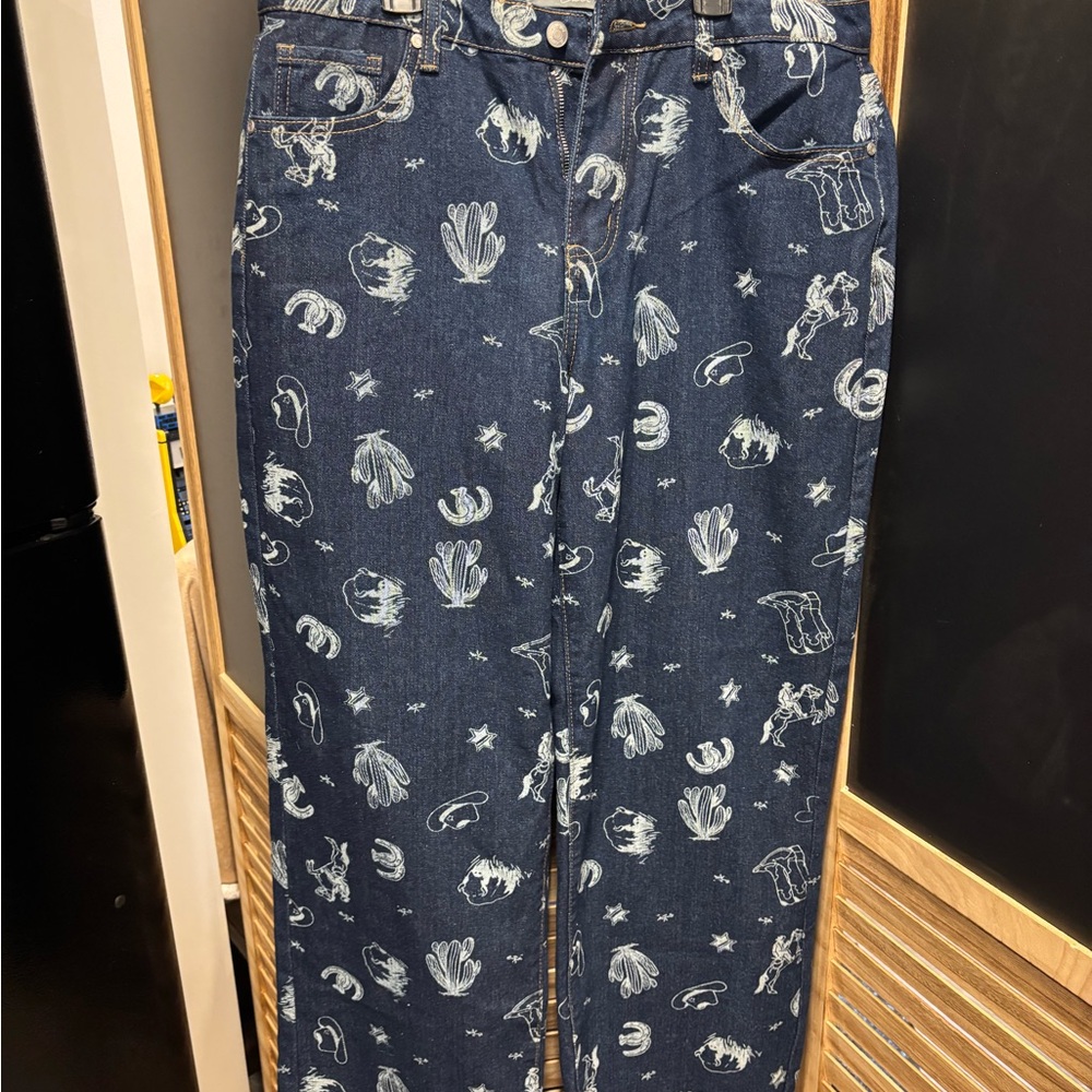Dark Blue Printed Women's Jeans - Casual Wide Leg